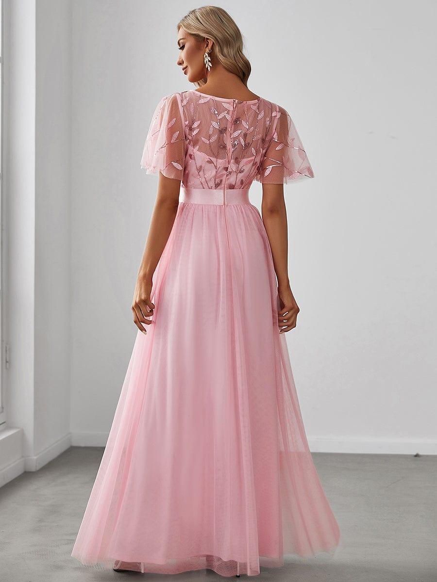 Women's A-Line Short Sleeve Embroidery Floor Length Evening Dresses #color_Pink