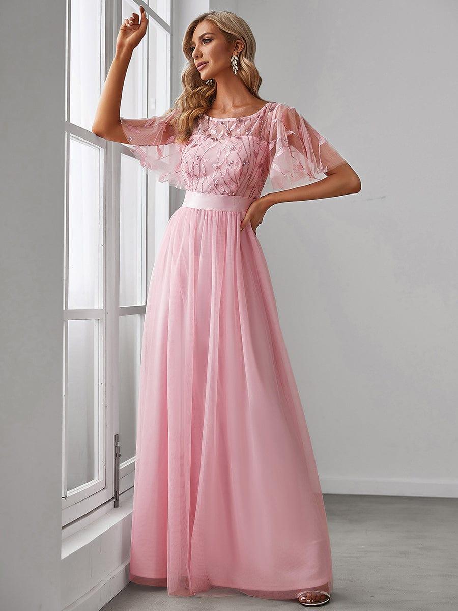 Women's A-Line Short Sleeve Embroidery Floor Length Evening Dresses #color_Pink
