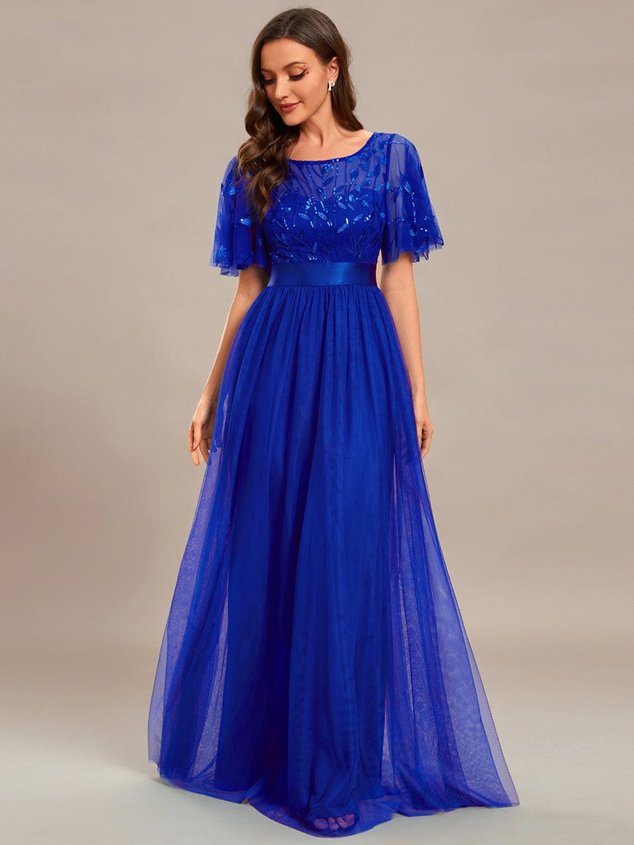 Women's A-Line Short Sleeve Embroidery Floor Length Evening Dresses #color_Sapphire Blue