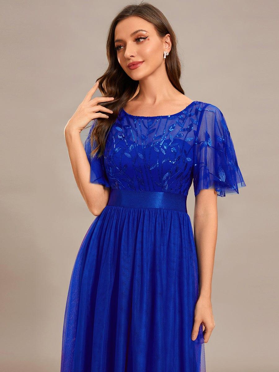 Women's A-Line Short Sleeve Embroidery Floor Length Evening Dresses #color_Sapphire Blue