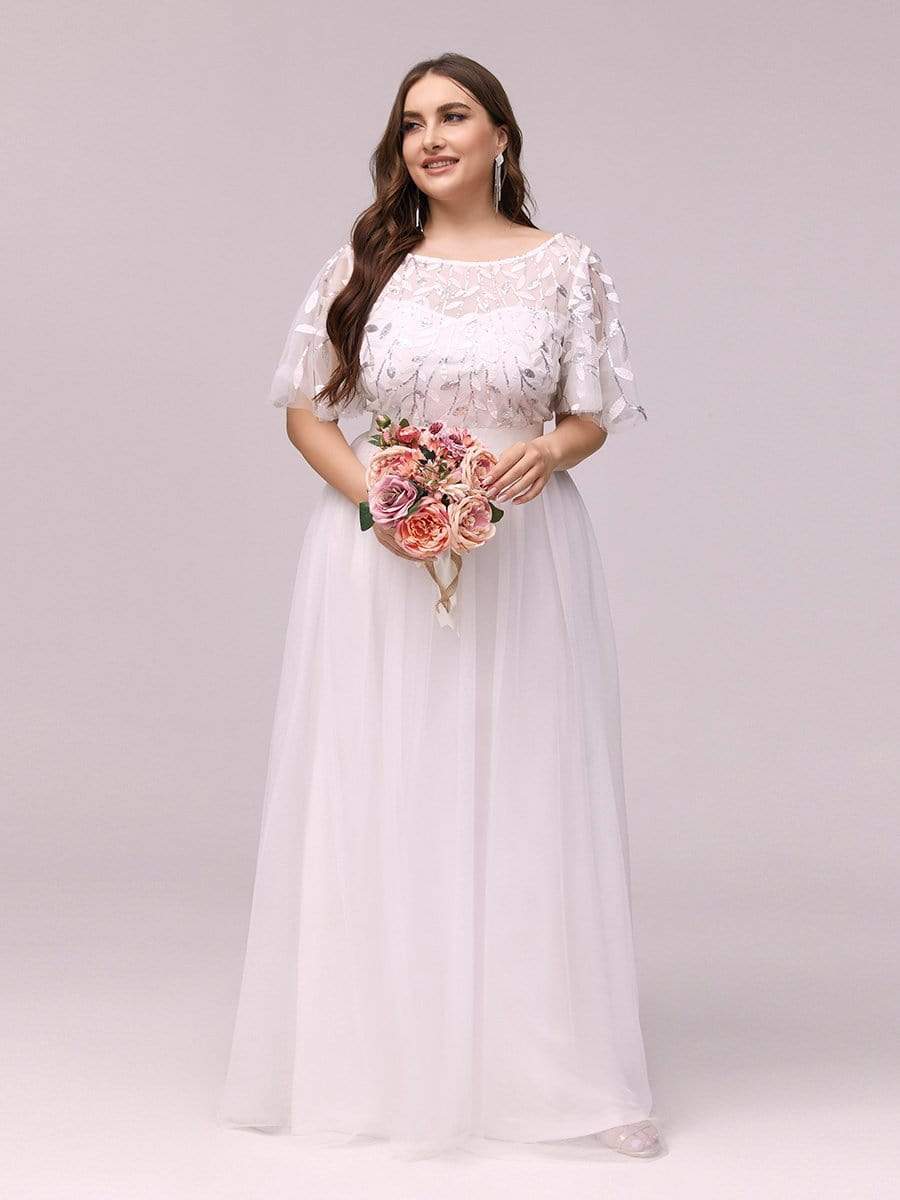 Plus Size Women's Embroidery Evening Dresses with Short Sleeve #color_White 