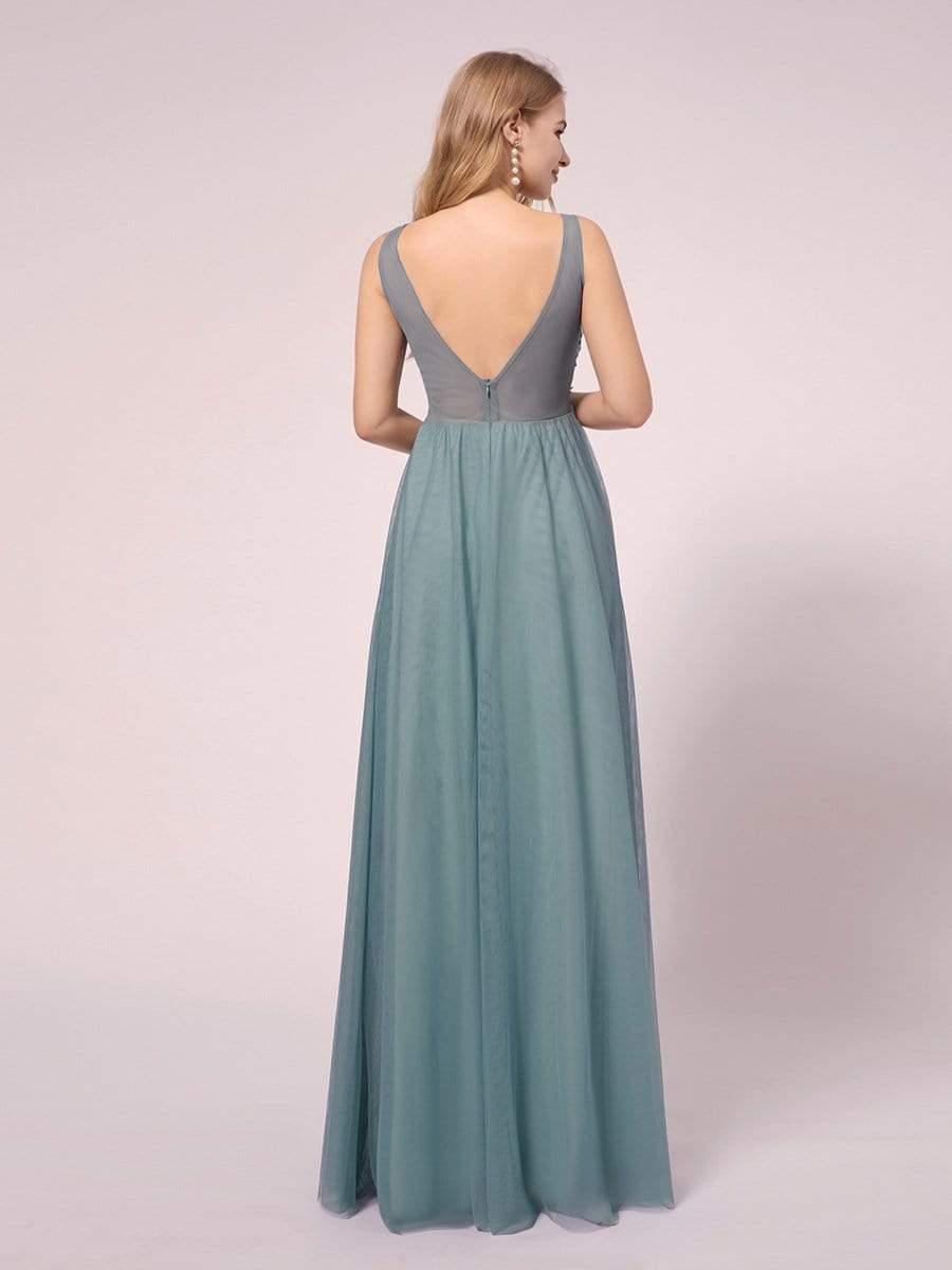 Soft Spaghetti Straps V-Neck Embroidery Evening Dress #color_Light Teal 