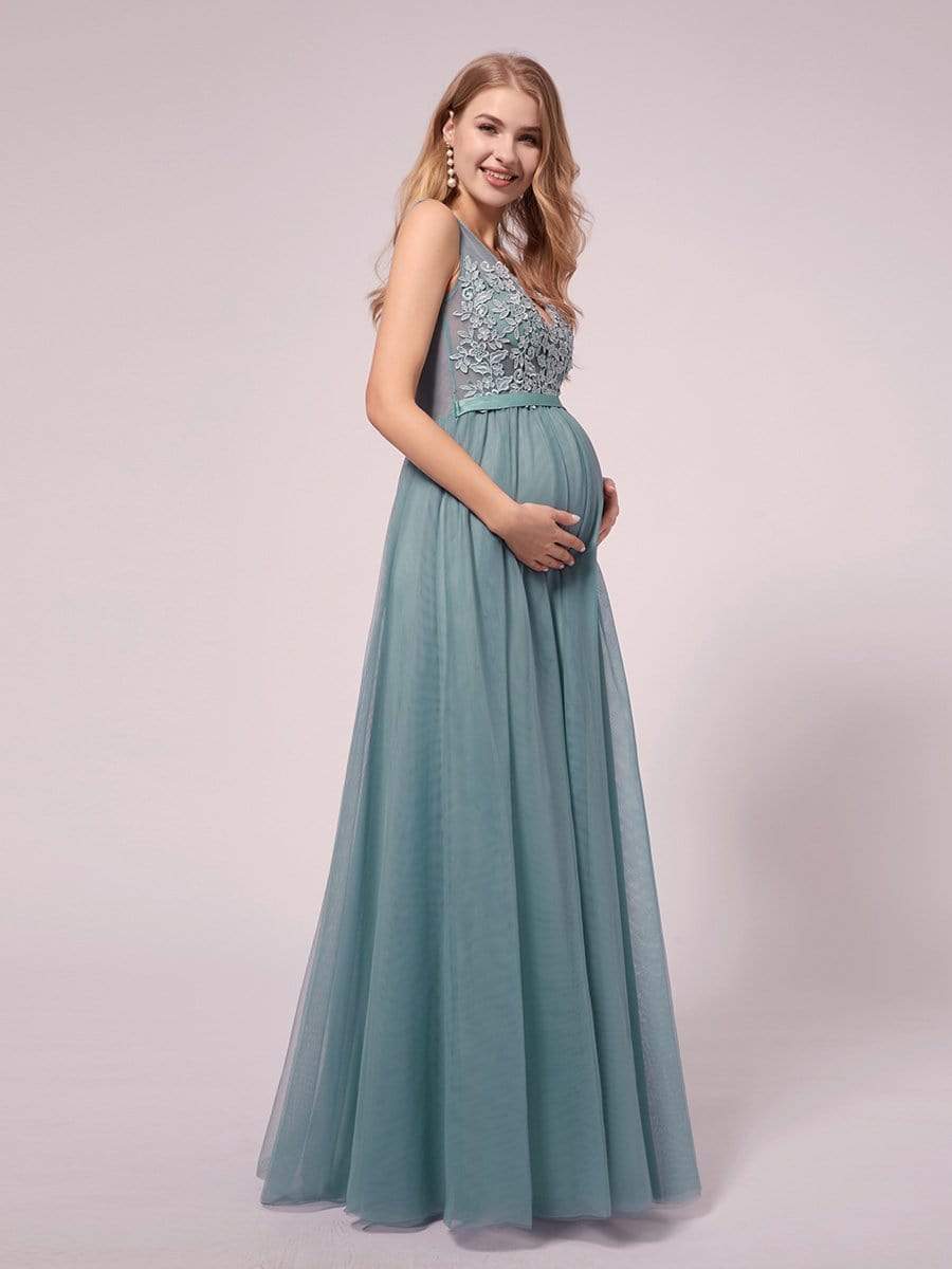 Double V-neck Lace Applique Bodice Maxi Maternity Dress