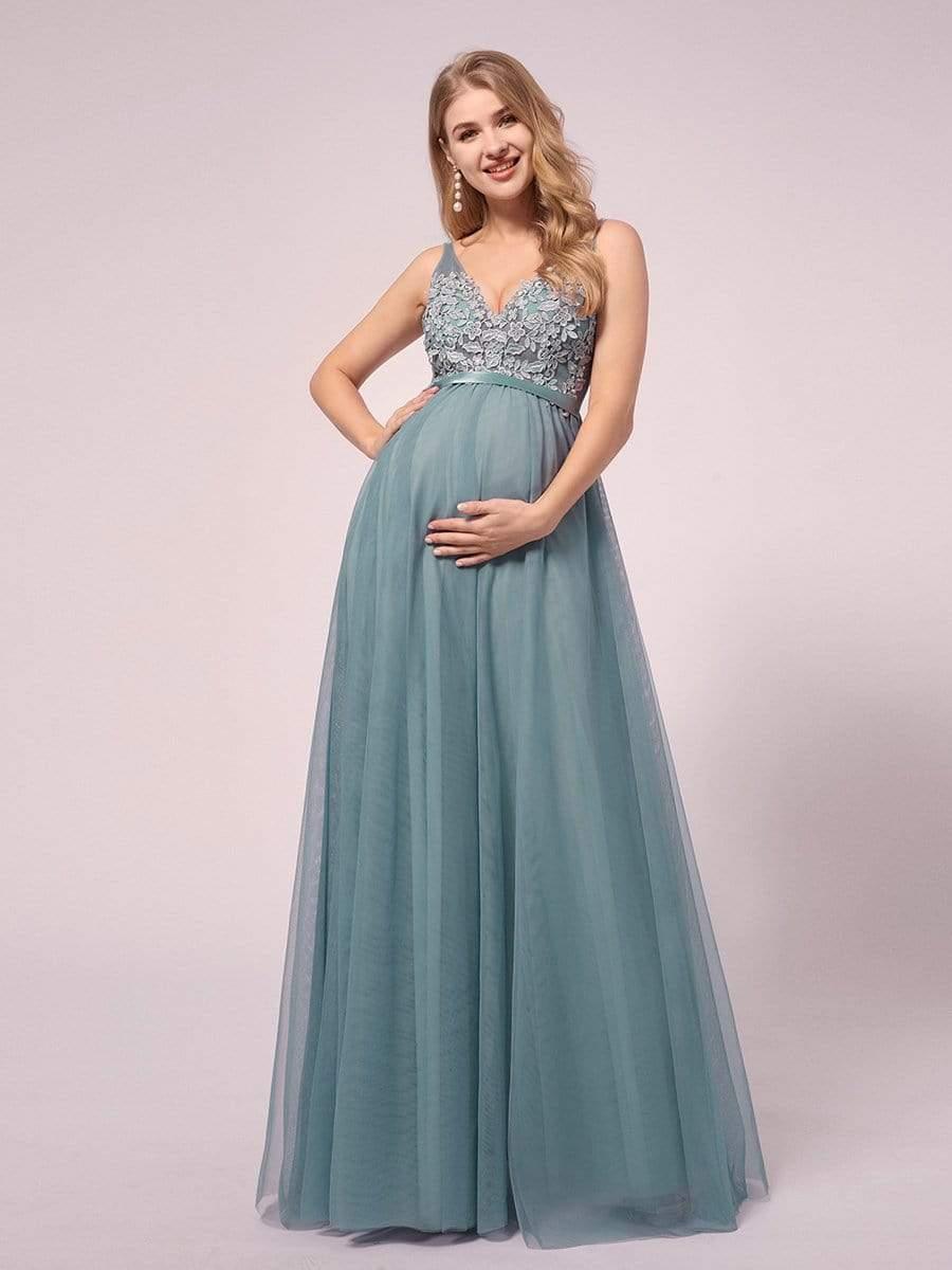 Soft Spaghetti Straps V-Neck Embroidery Evening Dress #color_Dusty Blue 