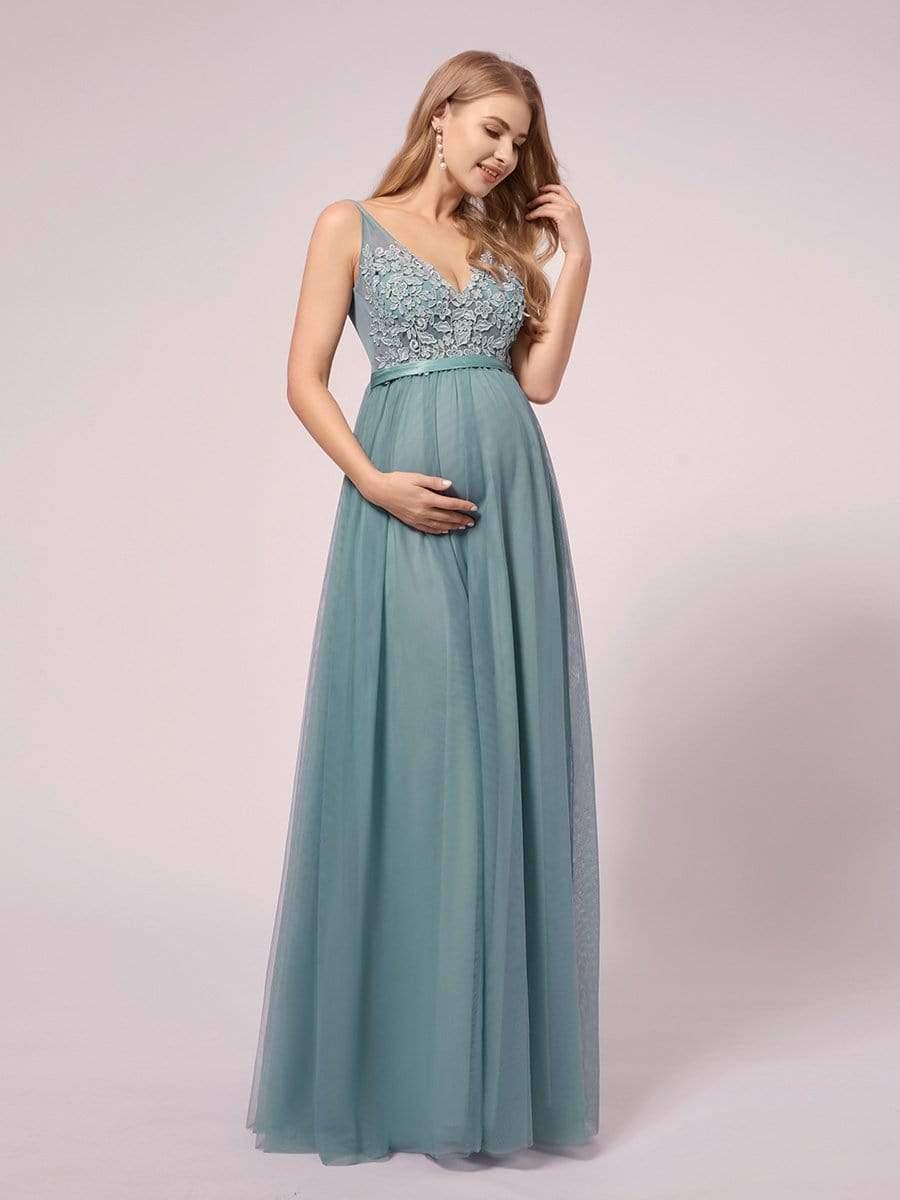 Soft Spaghetti Straps V-Neck Embroidery Evening Dress #color_Light Teal 