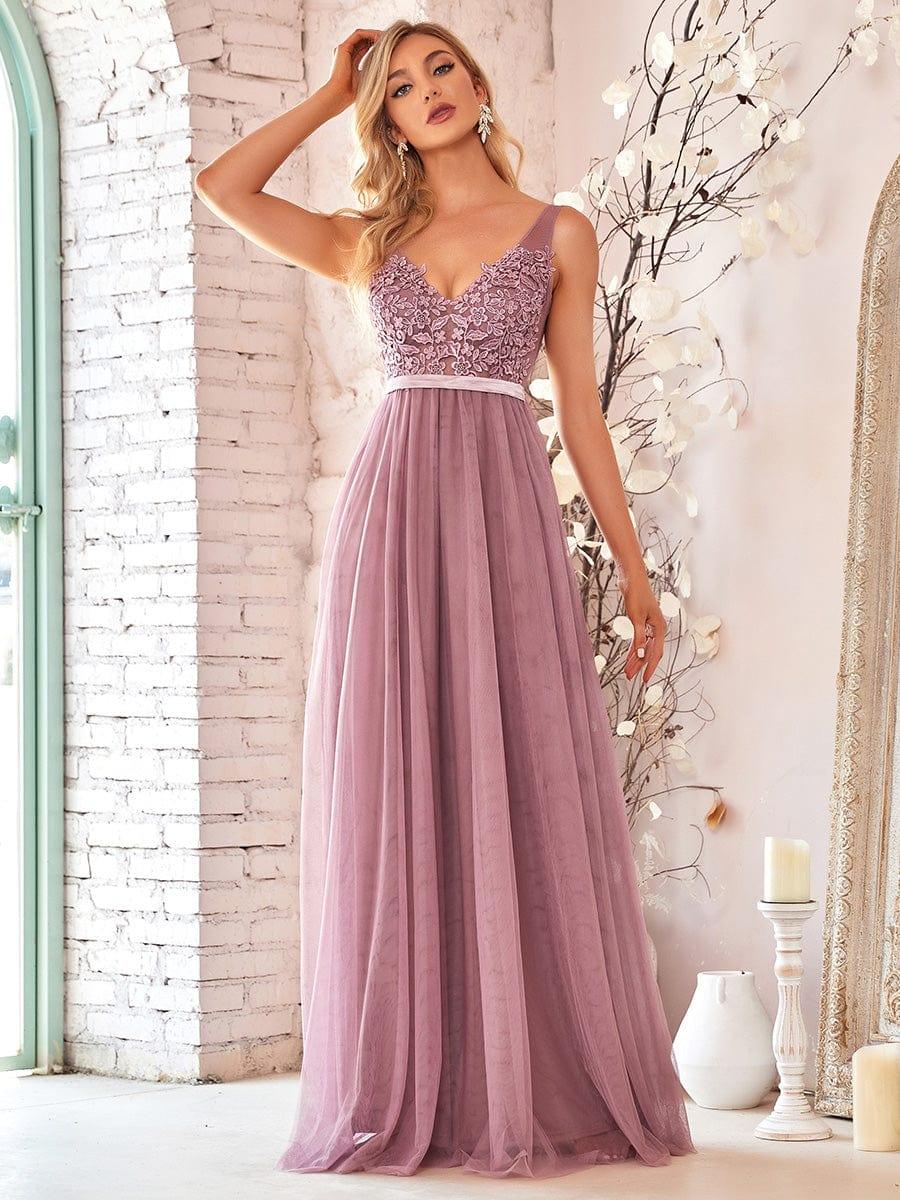 Double V-Neck Floral Lace Appliques Maxi Bridesmaid Dress - Ever-Pretty US
