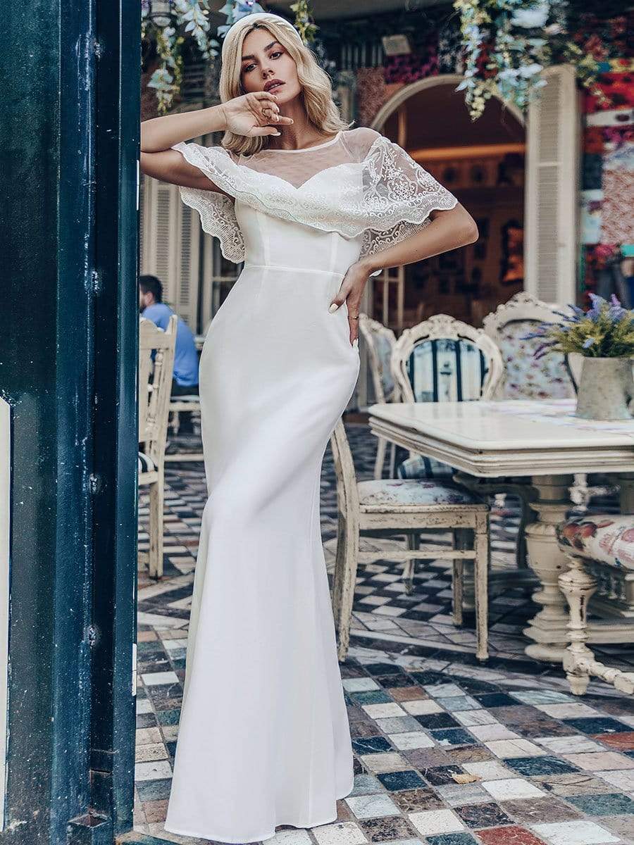 Color=White | Women'S Sweetheart Illusion Ruffle Sleeves Floor-Length Wedding Dress-White 11