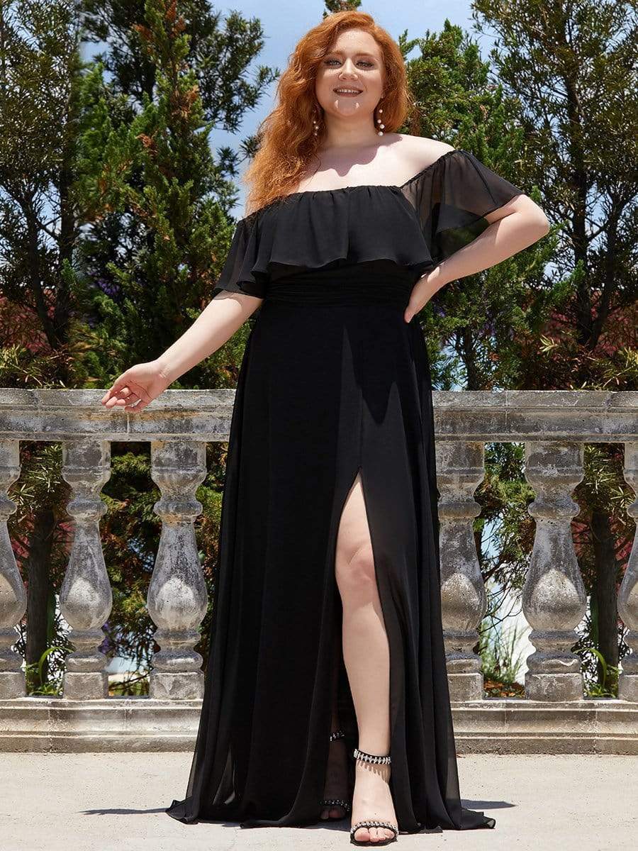 Plus Size Sexy Side Split Long Chiffon Formal Dresses #Color_Black