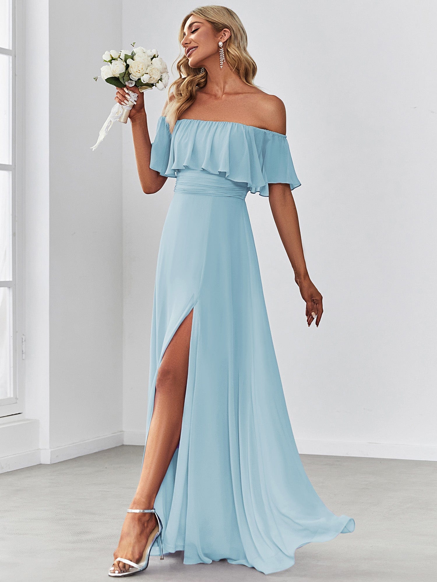 Ruffle Off-Shoulder Side Slit Long Chiffon Bridesmaid Dress #Color_Sky Blue