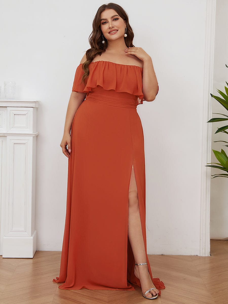 Custom Size Chiffon Ruffle Off Shoulder Thigh Split Bridesmaid Dresses #color_Burnt Orange