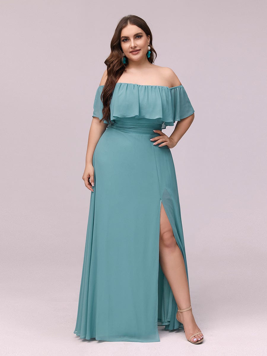 Custom Size Chiffon Ruffle Off Shoulder Thigh Split Bridesmaid Dresses #color_Dusty Blue