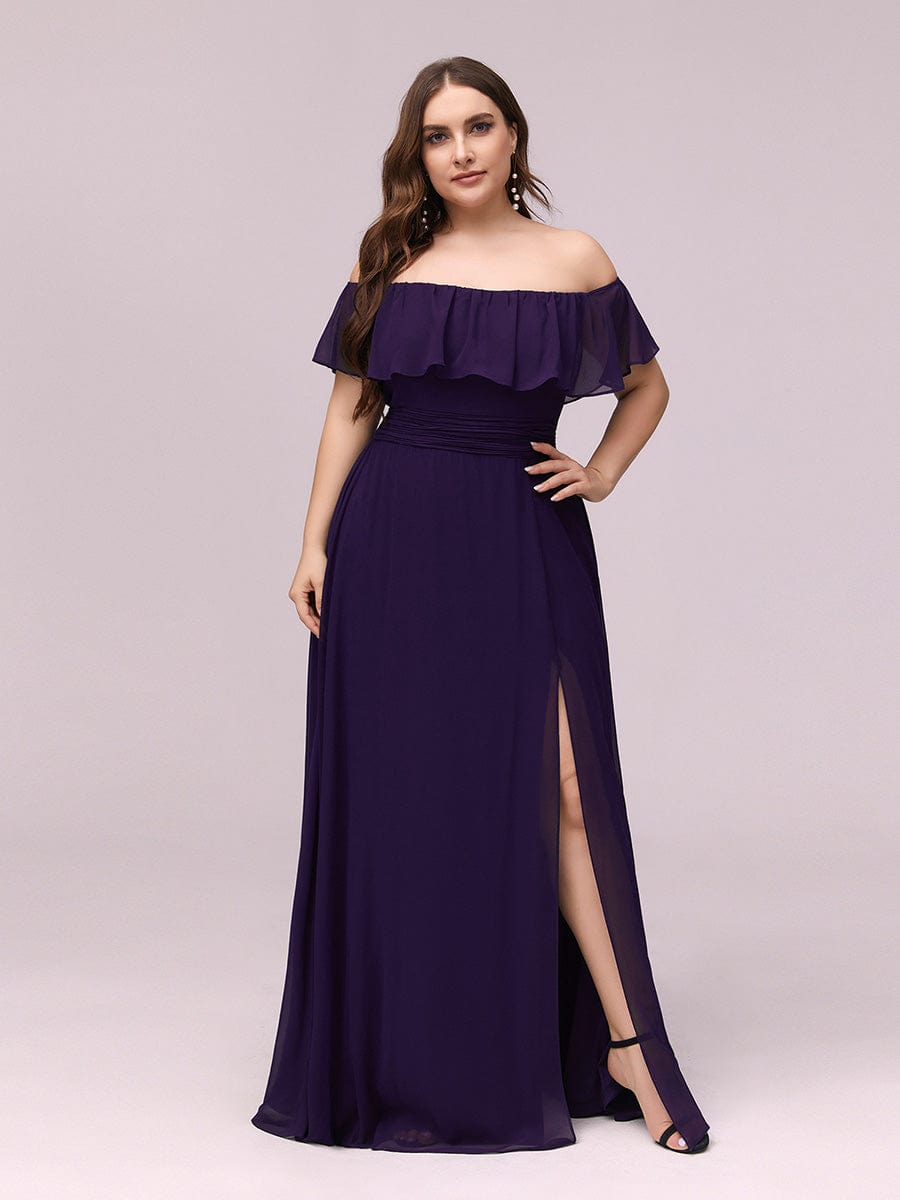 Custom Size Chiffon Ruffle Off Shoulder Thigh Split Bridesmaid Dresses #color_Dark Purple