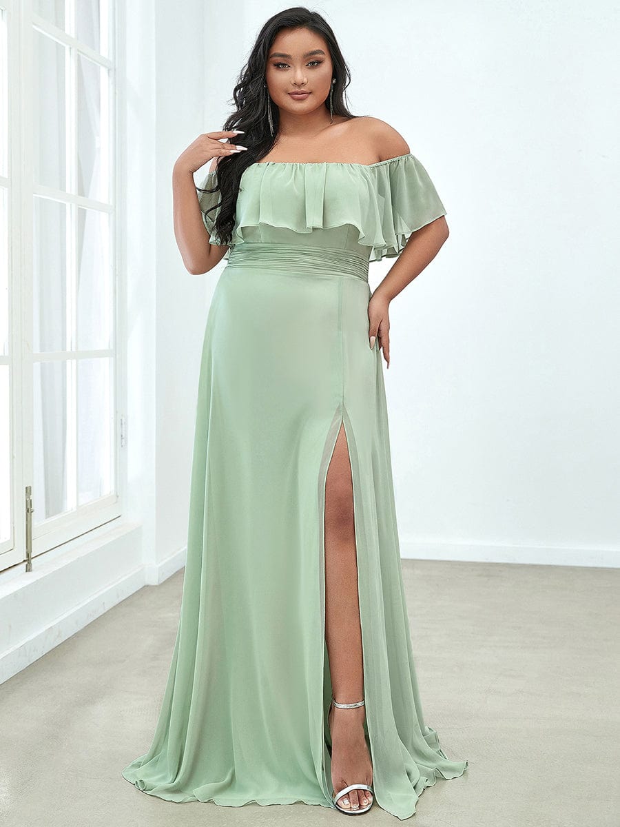 Custom Size Chiffon Ruffle Off Shoulder Thigh Split Bridesmaid Dresses #color_Mint Green