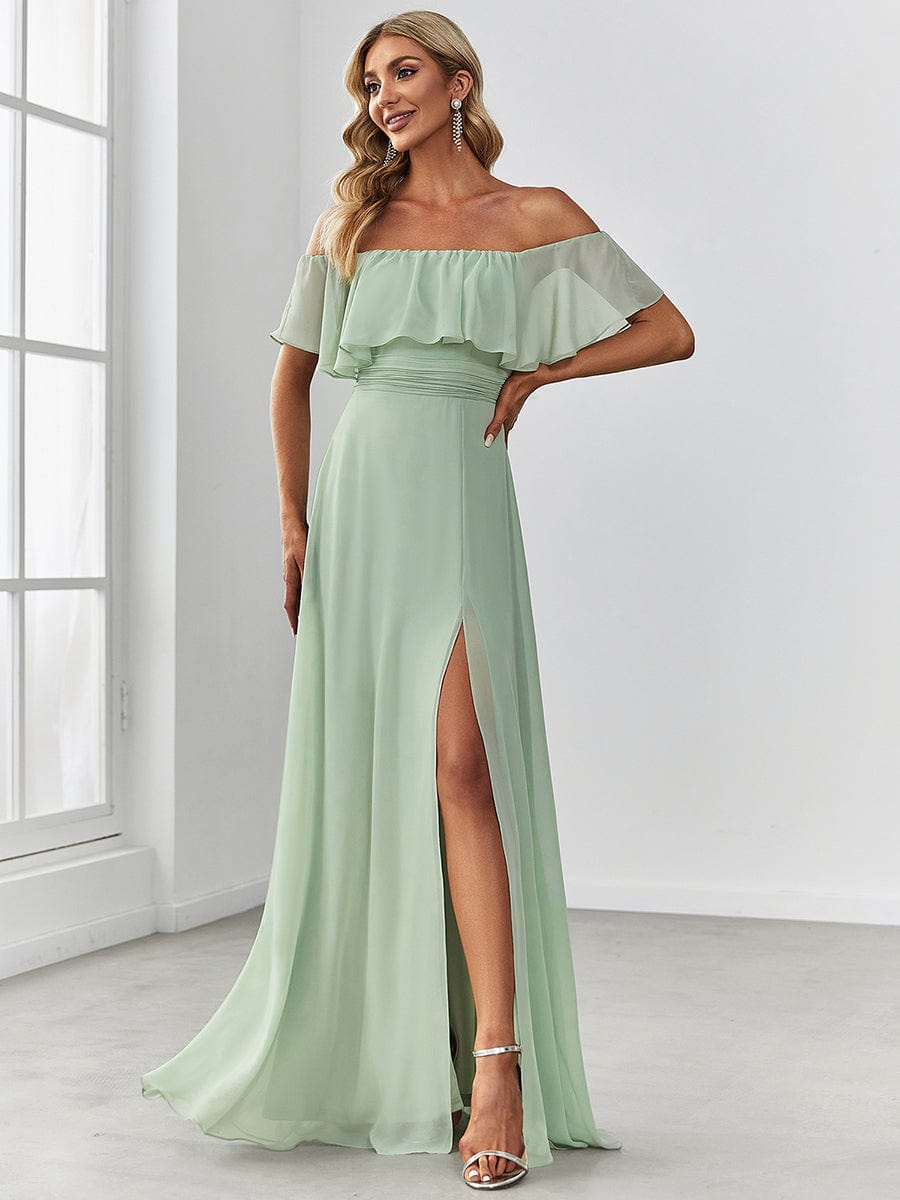 Off the Shoulder Ruffle Bodice Long Flowy Chiffon Bridesmaid Dress #color_Mint Green 