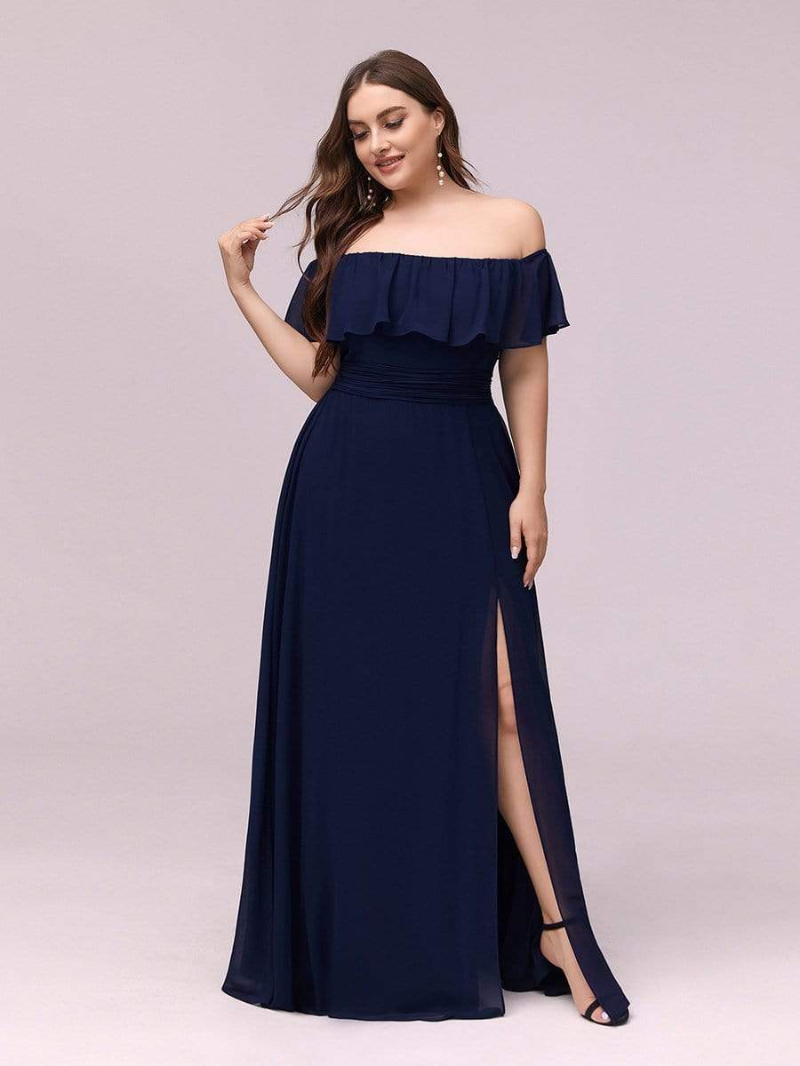 Plus Size Off the Shoulder Formal Bridesmaid Dress with Thigh Split #color_Navy Blue