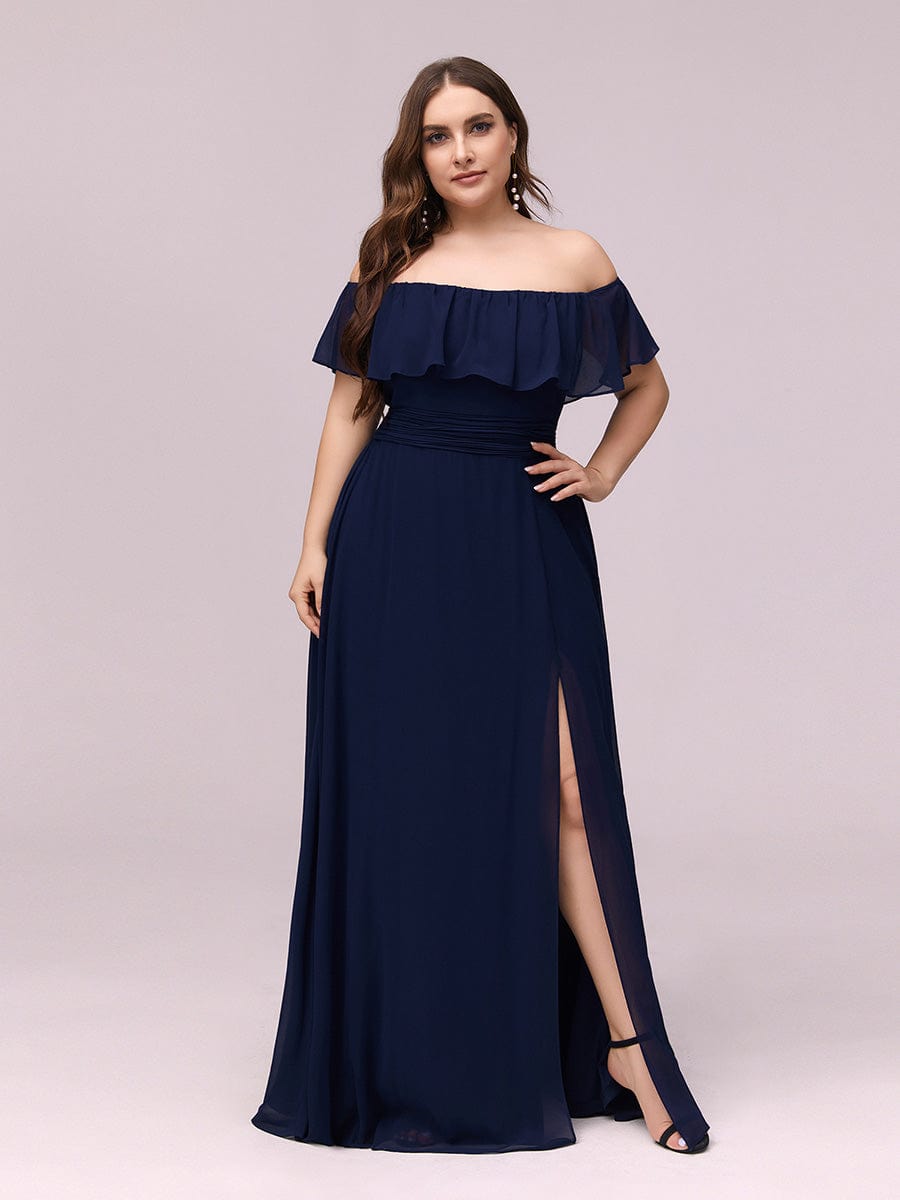 Custom Size Chiffon Ruffle Off Shoulder Thigh Split Bridesmaid Dresses #color_Navy Blue