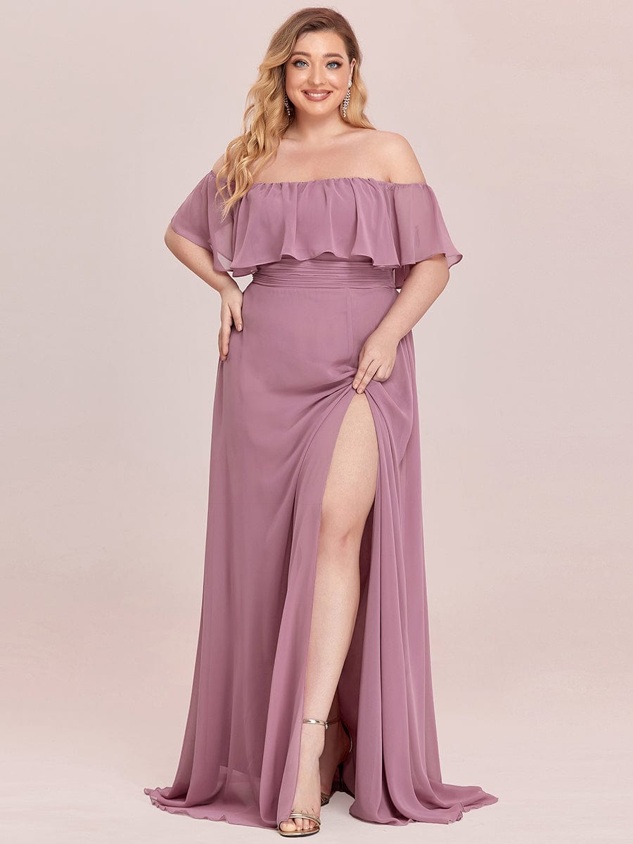 Custom Size Chiffon Ruffle Off Shoulder Thigh Split Bridesmaid Dresses #color_Purple Orchid