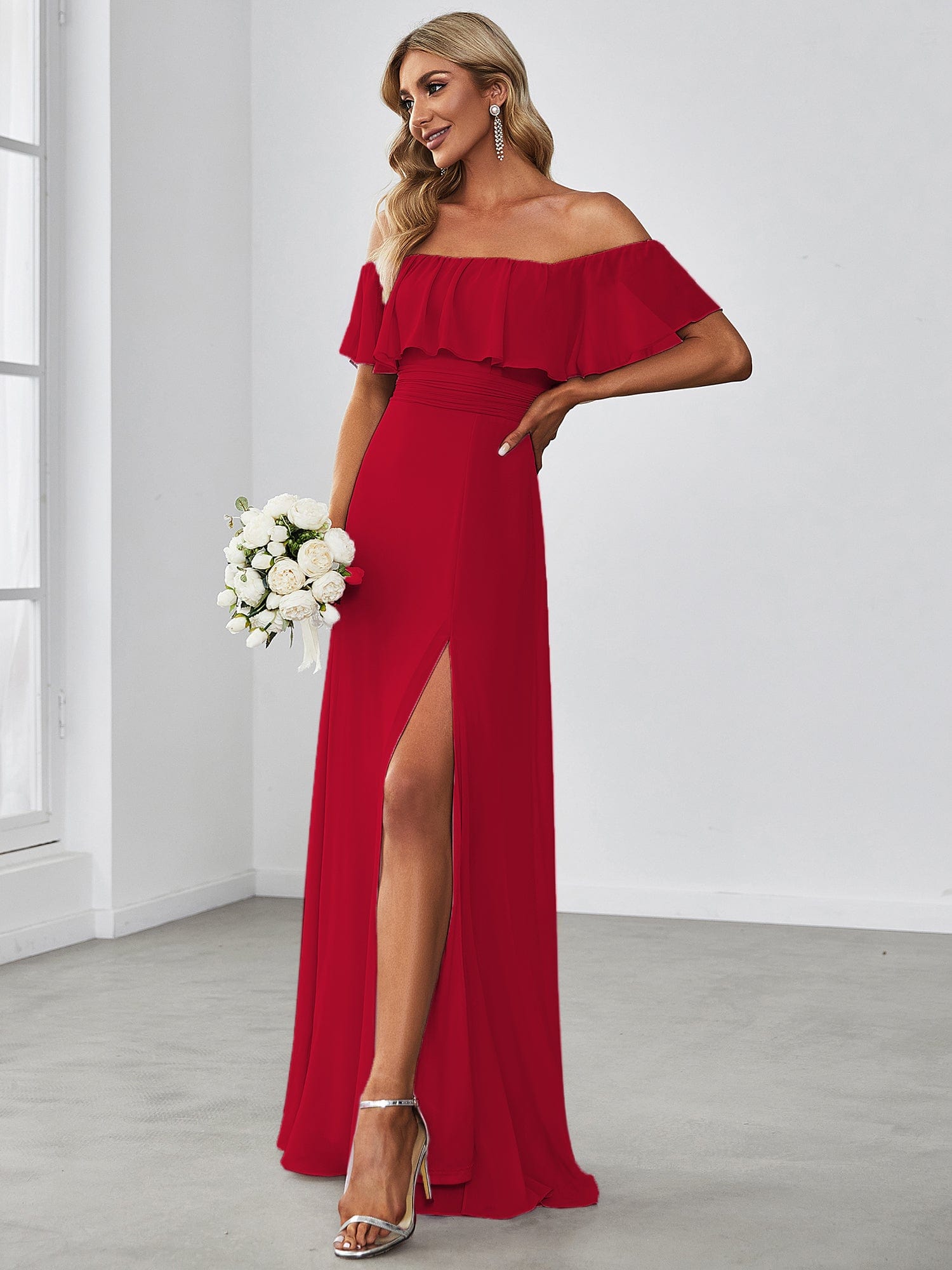 Custom Size Chiffon Ruffle Off Shoulder Thigh Split Bridesmaid Dresses #color_Red