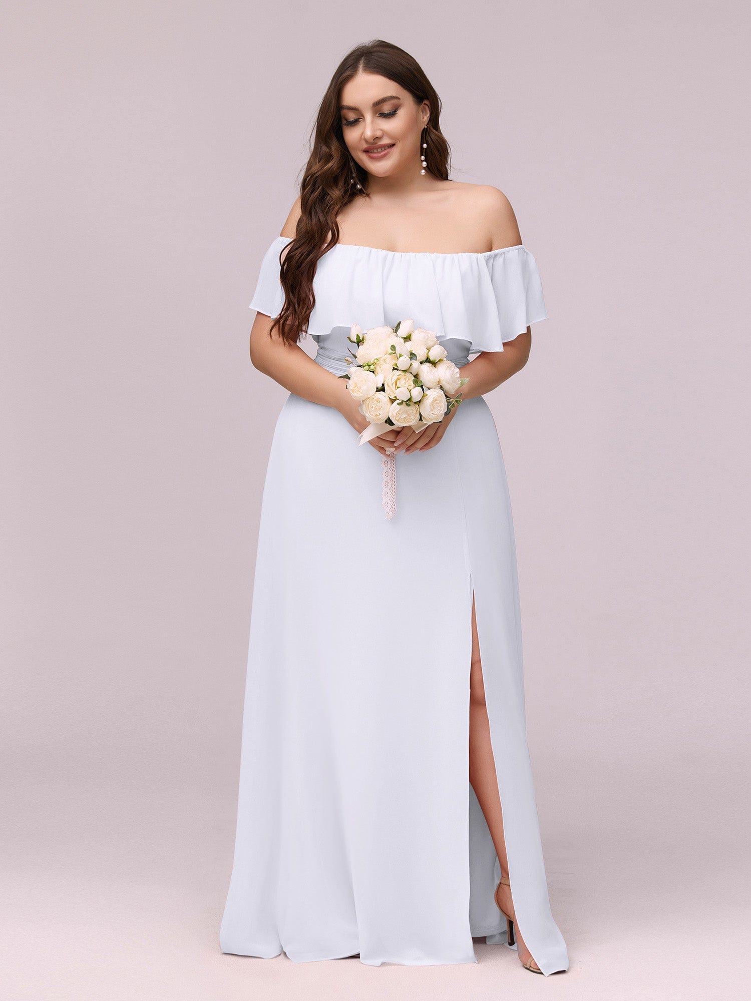 Custom Size Chiffon Ruffle Off Shoulder Thigh Split Bridesmaid Dresses #color_White