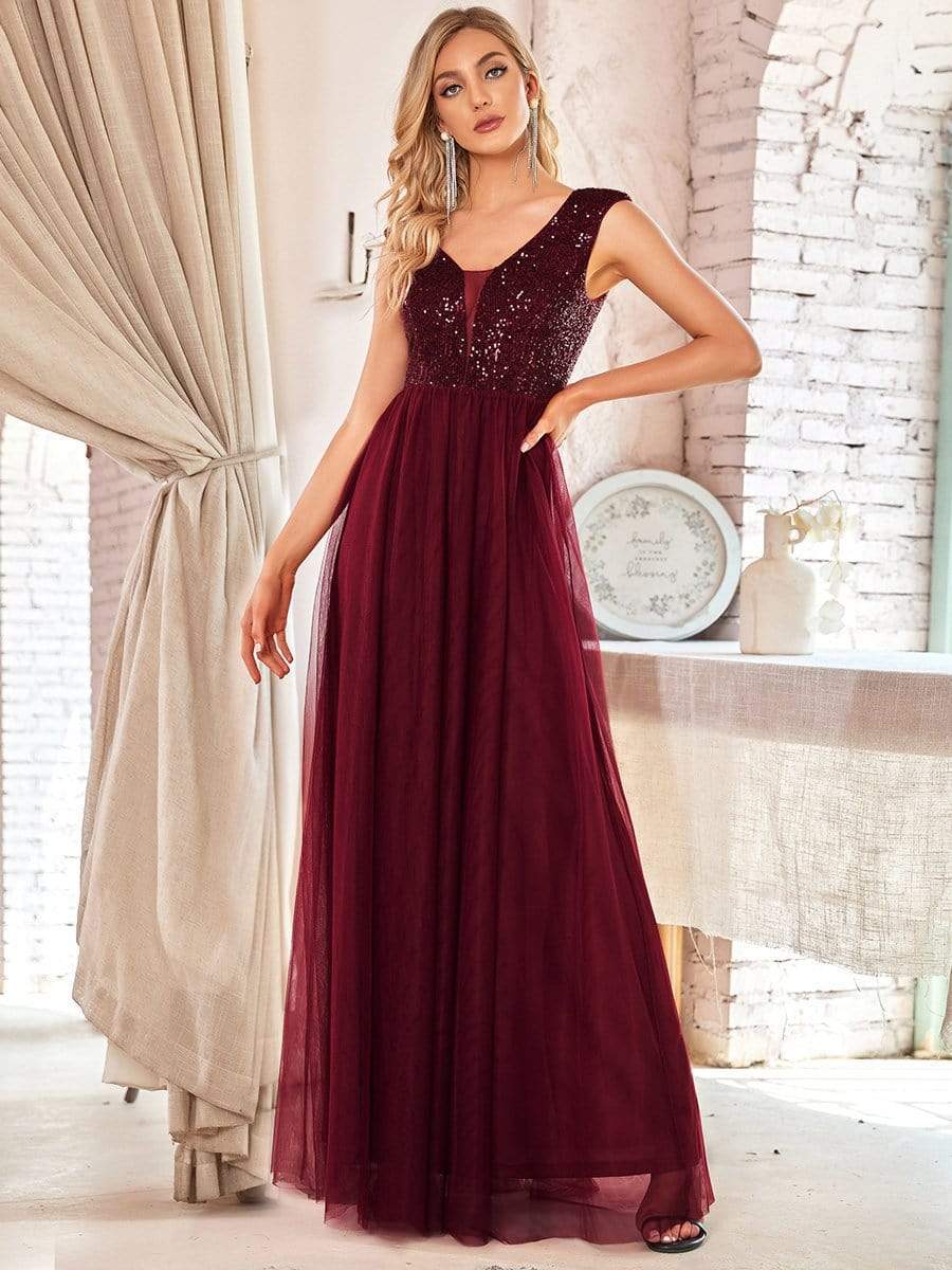 Floor Length Deep V Neck Sequin Prom Dresses for Women #color_Burgundy 
