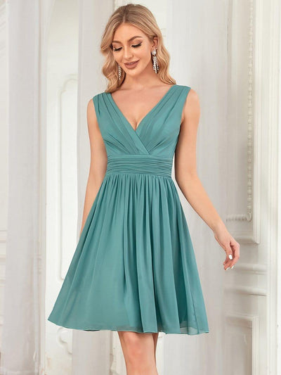 Women Sleeveless V Neck Short Bridesmaid Dress #color_Light Teal