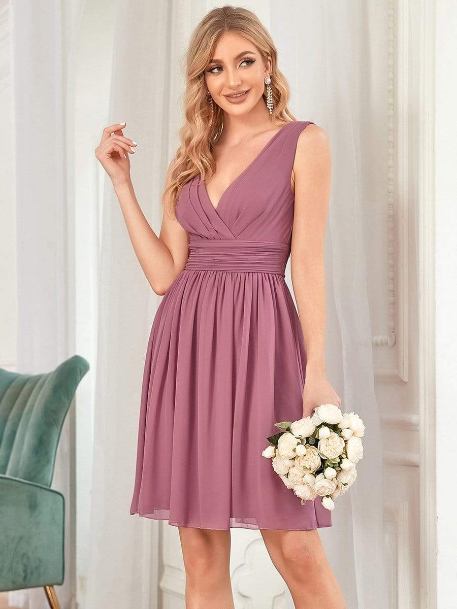 Women Sleeveless V Neck Short Bridesmaid Dress #color_Purple Orchid 
