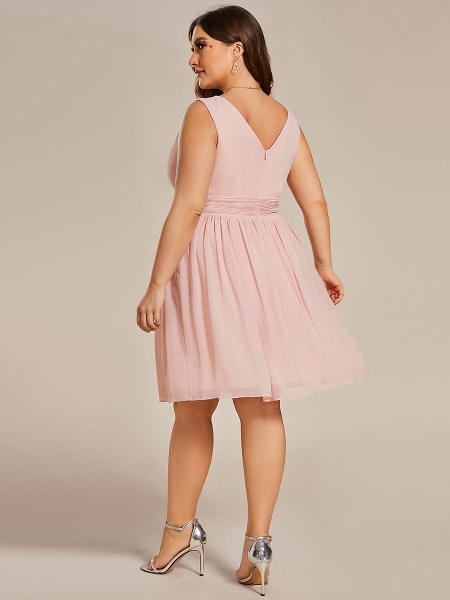 Plus Size Chiffon Sleeveless V Neck Short Bridesmaid Dress #color_Pink 