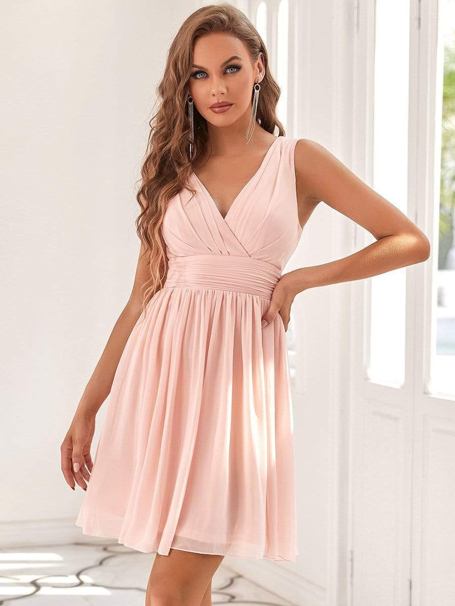 Custom Size Women Sleeveless V Neck Short Bridesmaid Dress #color_Pink