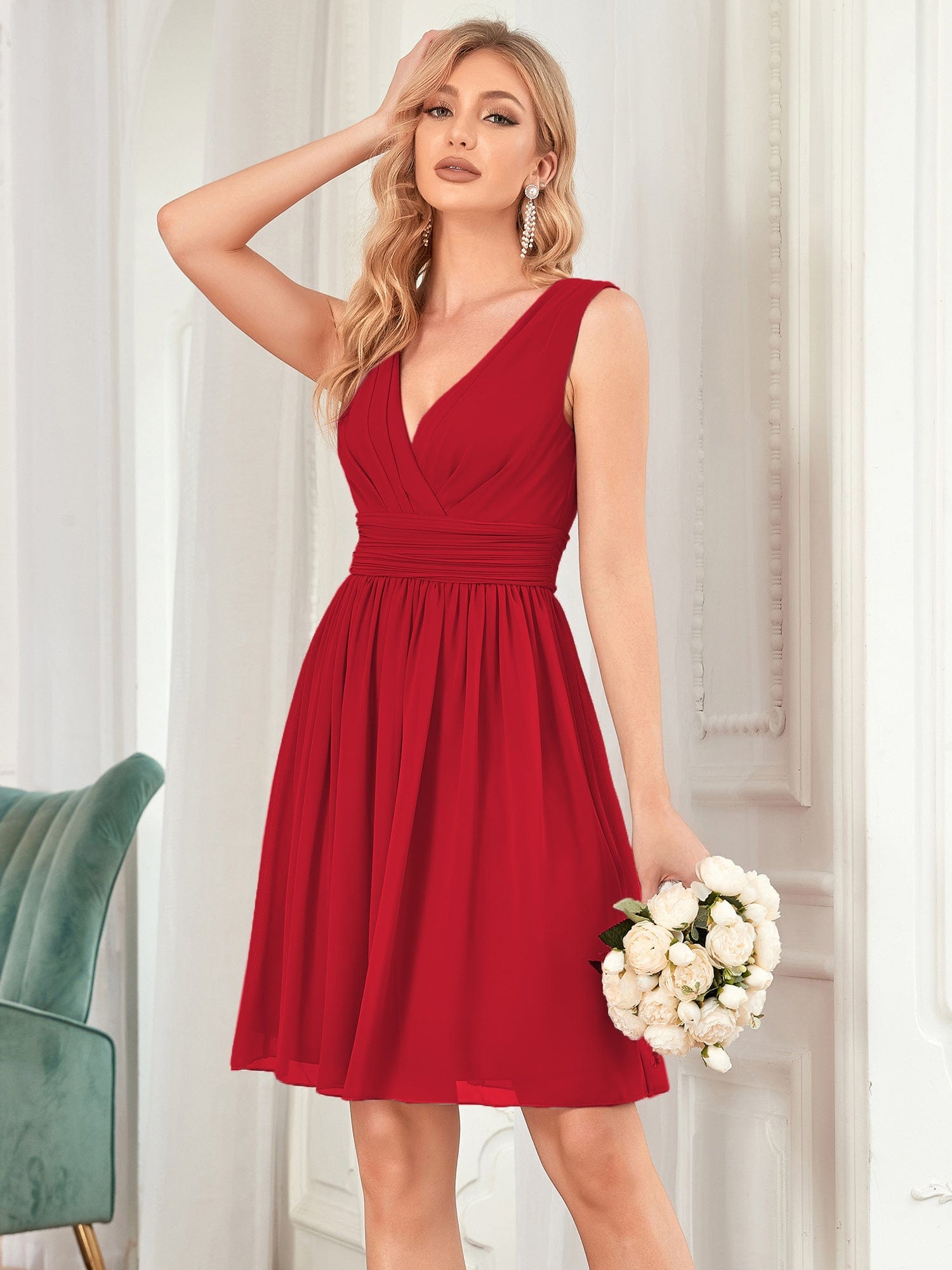 Custom Size Women Sleeveless V Neck Short Bridesmaid Dress #color_Red