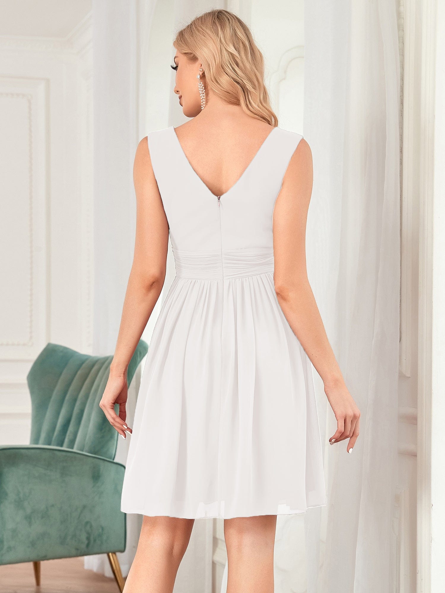 Custom Size Women Sleeveless V Neck Short Bridesmaid Dress #color_White