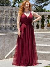 Plus Size Double V Neck Maxi Tulle Bridesmaid Dress #color_Burgundy 