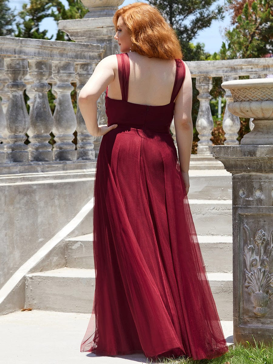 Custom Size Floor Length Double V Neck Tulle Bridesmaid Dresses #color_Burgundy