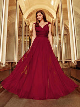 Floor Length Double V Neck Tulle Bridesmaid Dresses #color_Burgundy 