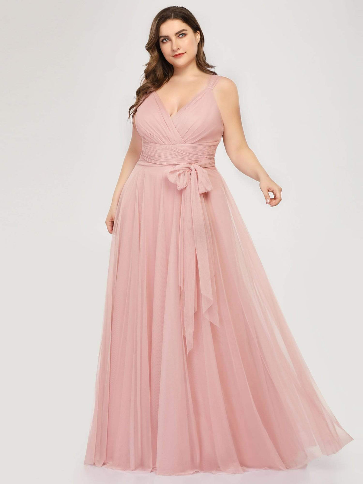 Plus Size Double V Neck Maxi Tulle Bridesmaid Dress #color_Blush 