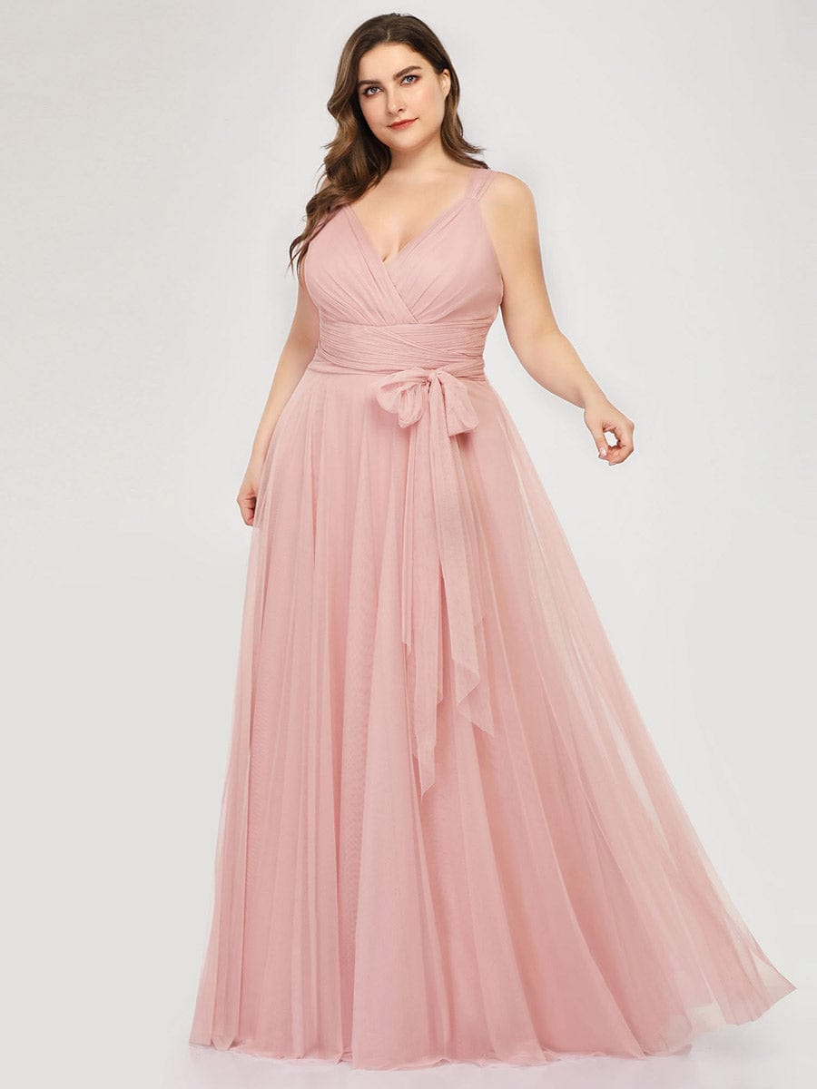 Custom Size Floor Length Double V Neck Tulle Bridesmaid Dresses #color_Blush