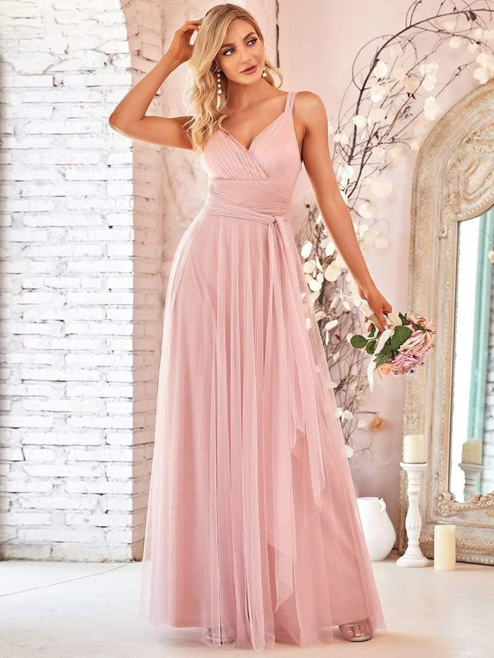 V-neck Tulle Floor Length Bridesmaid Dress Papaya