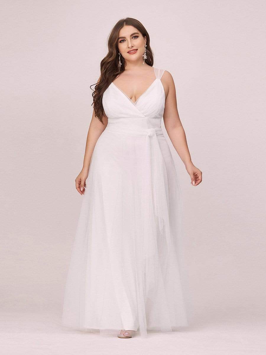 Plus Size Double V Neck Maxi Tulle Bridesmaid Dress #color_Cream 