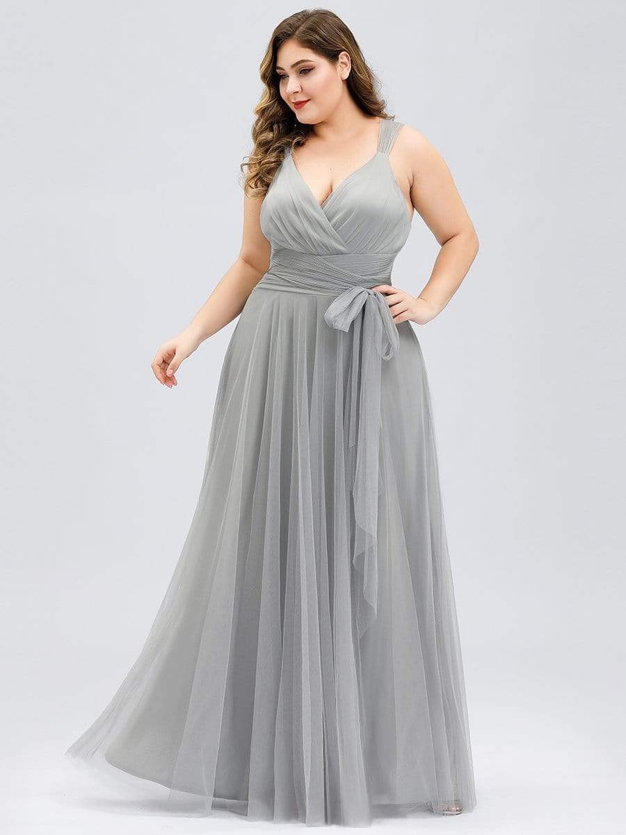Plus Size Double V Neck Maxi Tulle Bridesmaid Dress #color_Grey 