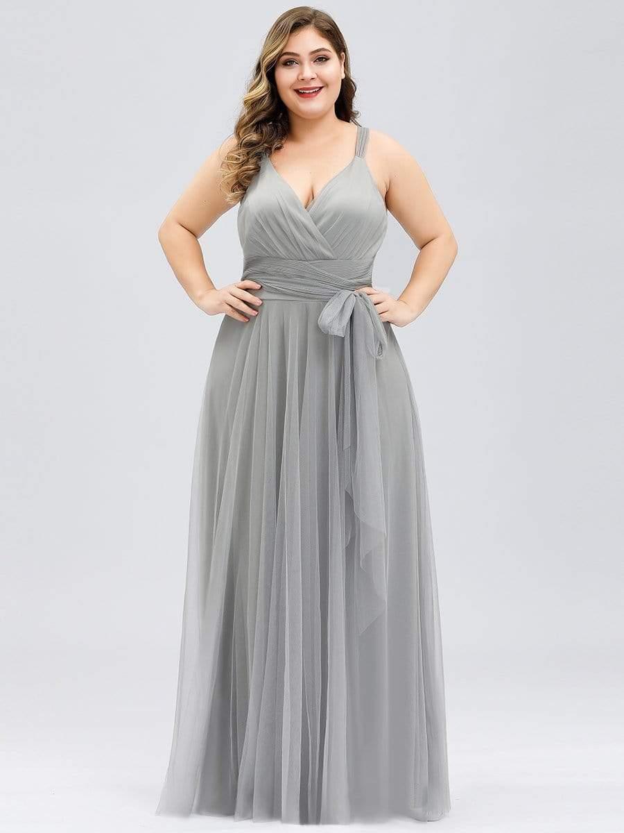 Floor Length Double V Neck Tulle Bridesmaid Dresses #color_Grey 
