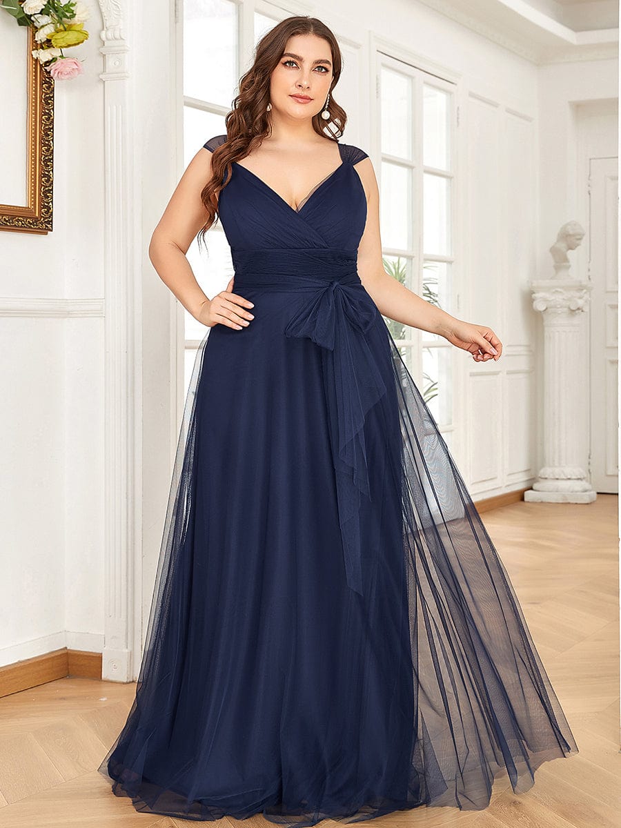 Plus Size Double V Neck Maxi Tulle Bridesmaid Dress #color_Navy Blue 