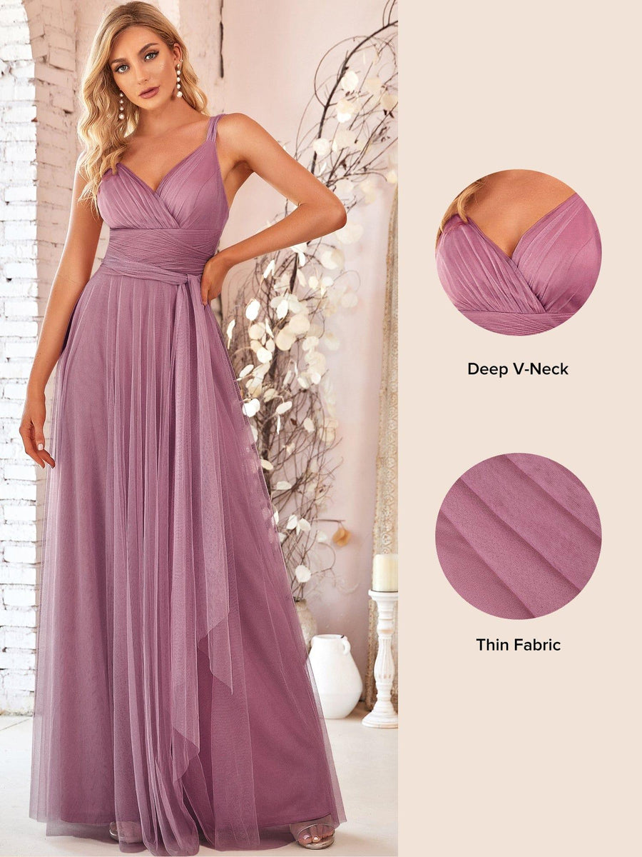 Elegant Double V-Neck Bridesmaid Dress – Floor-Length Maxi Gown