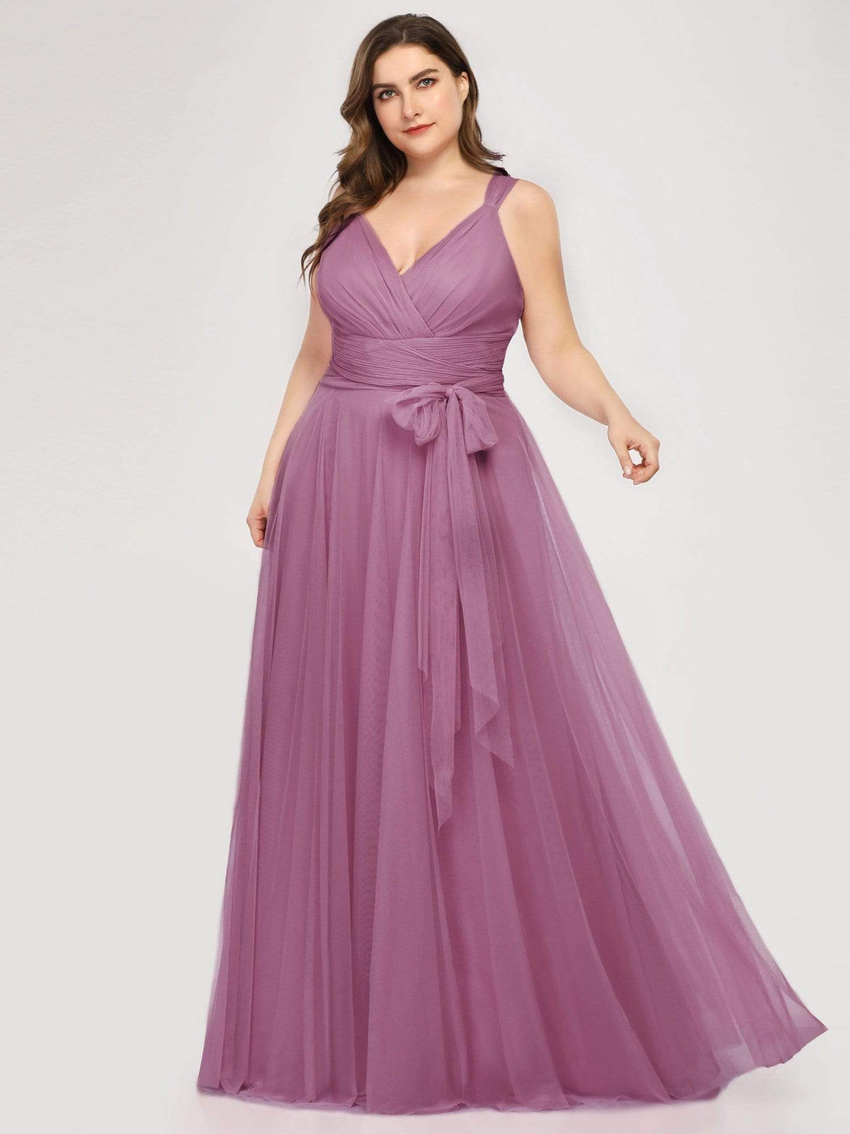 Plus Size Double V Neck Maxi Tulle Bridesmaid Dress #color_Purple Orchid 
