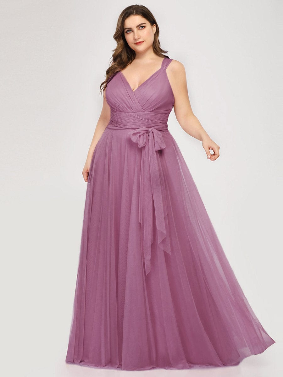 Custom Size Floor Length Double V Neck Tulle Bridesmaid Dresses #color_Purple Orchid