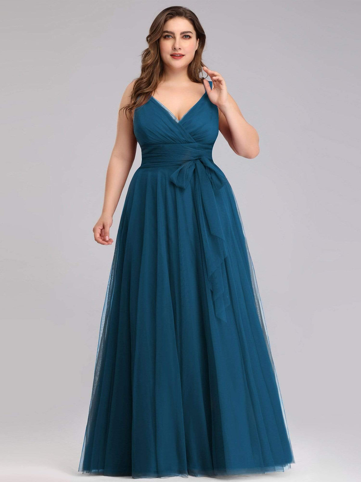 Plus Size Double V Neck Maxi Tulle Bridesmaid Dress #color_Teal 