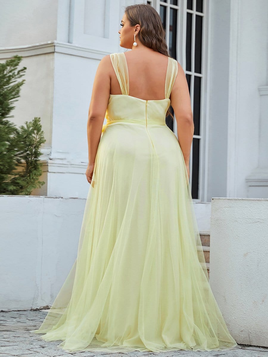 Plus Size Double V Neck Maxi Tulle Bridesmaid Dress #color_Yellow 
