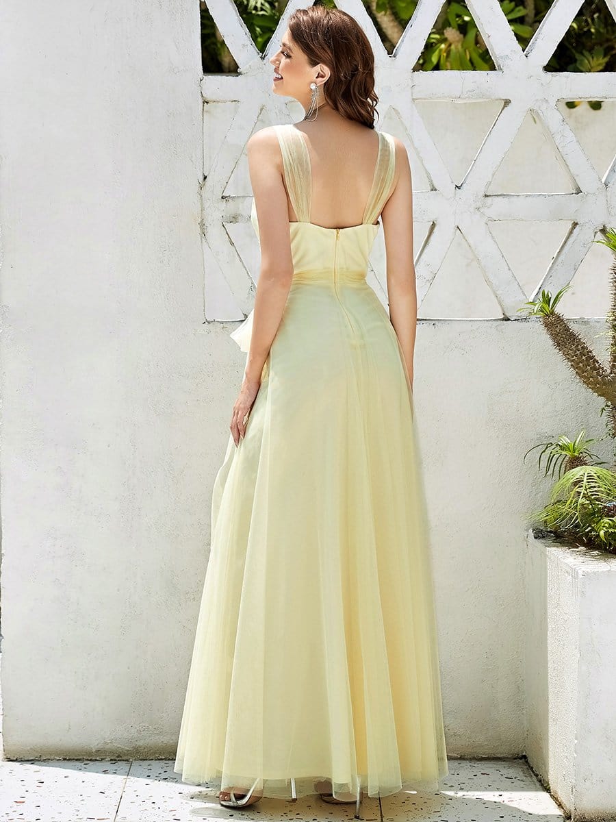 Deep V Neck Pleated Bodice Simple Tulle Wedding Dress #color_Yellow 