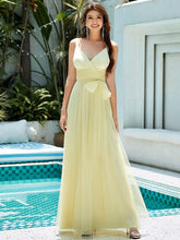 Floor Length Double V Neck Tulle Bridesmaid Dresses #color_Yellow 