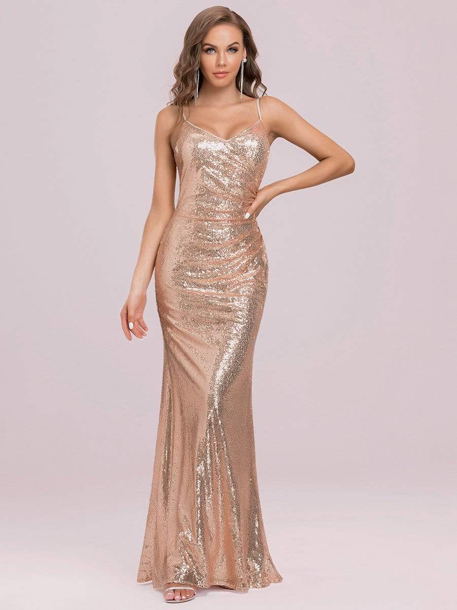 Sexy Sequin Backless Fishtail Evening Gowns for Women #color_Rose Gold