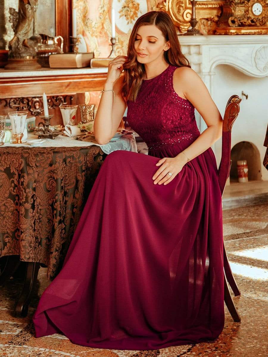 Sleeveless Lace Bodice Empire Waist Long A Line Bridesmaid Dress #color_Burgundy 