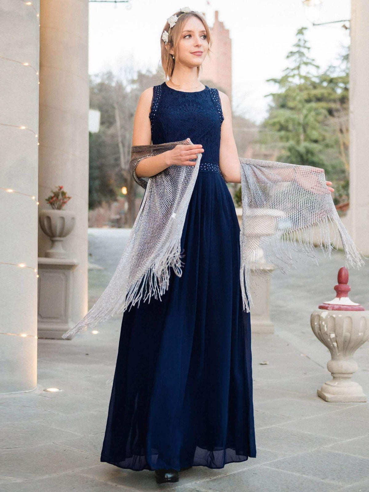Sleeveless Lace Bodice Empire Waist Long A Line Bridesmaid Dress #color_Navy Blue 